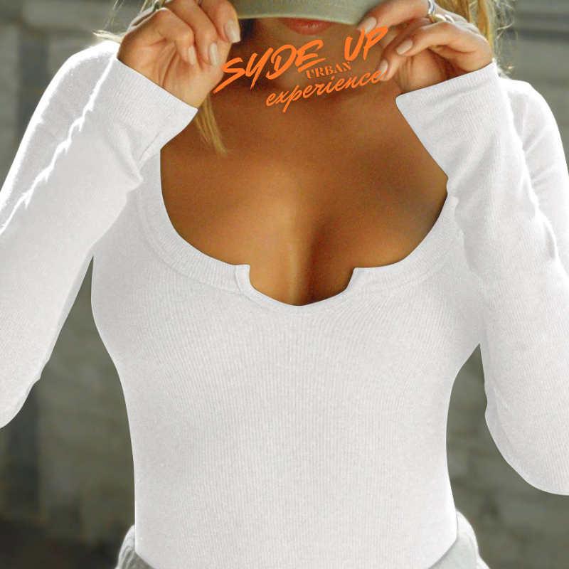 T-shirt Donna "NNS" in stile Notch Neck manica lunga