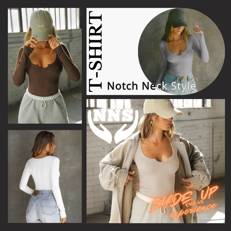 T-shirt Donna "NNS" in stile Notch Neck manica lunga