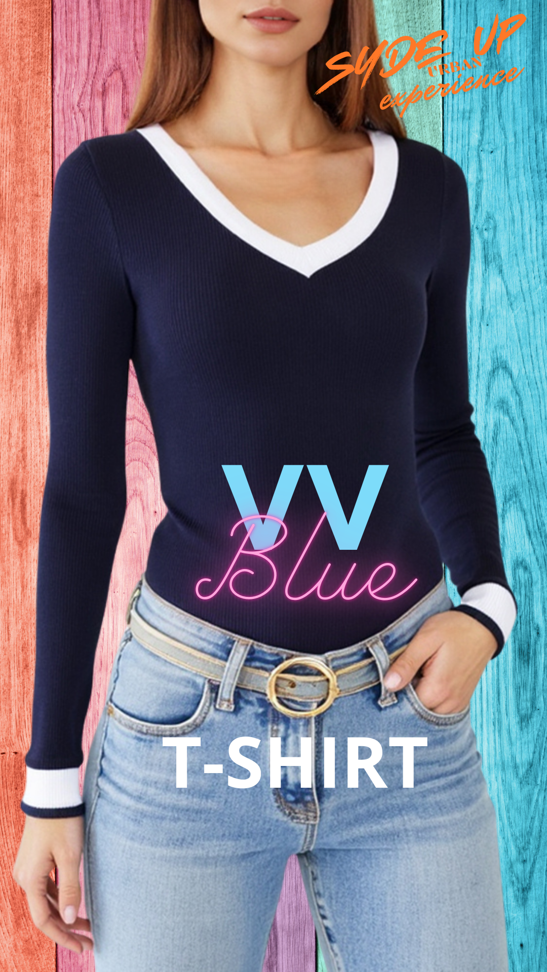 T-shirt Donna blu "VV Blue" manica lunga polsini bianchi