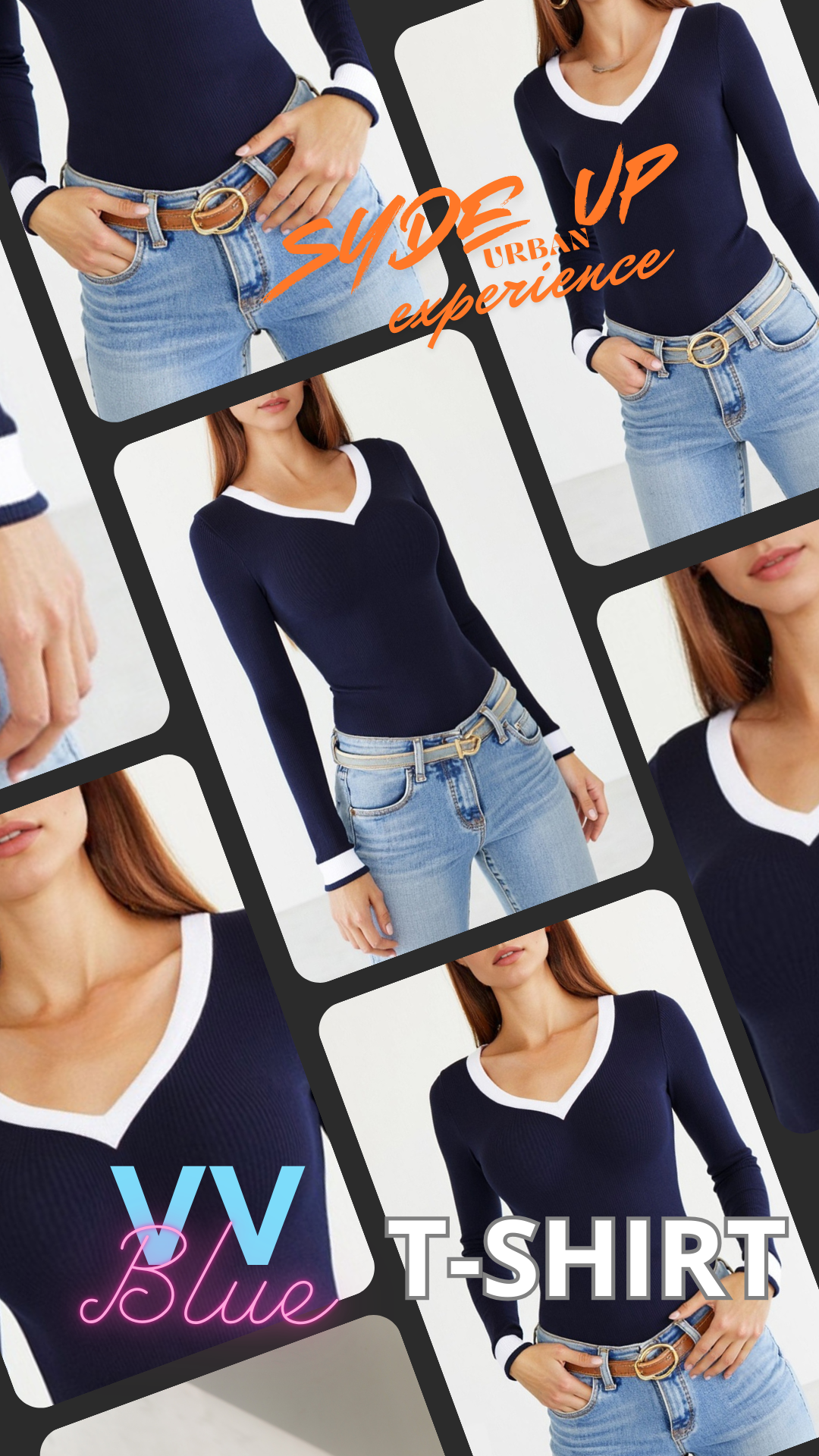 T-shirt Donna blu "VV Blue" manica lunga polsini bianchi