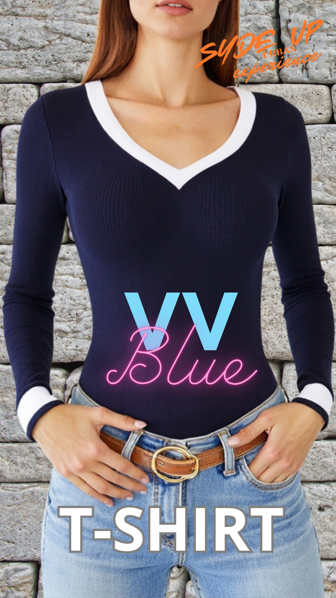 T-shirt Donna blu "VV Blue" manica lunga polsini bianchi