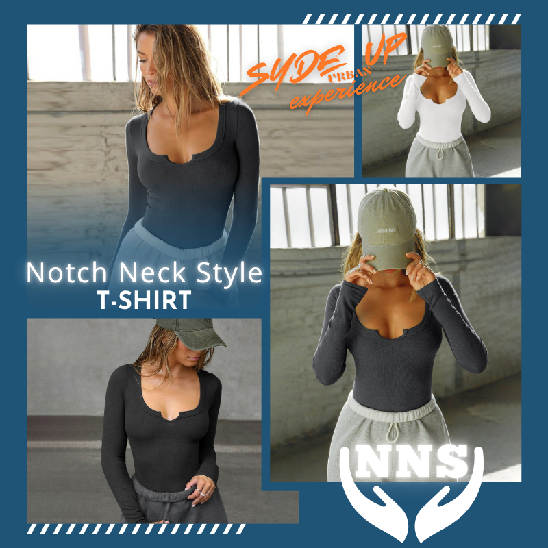 T-shirt Donna "NNS" in stile Notch Neck manica lunga