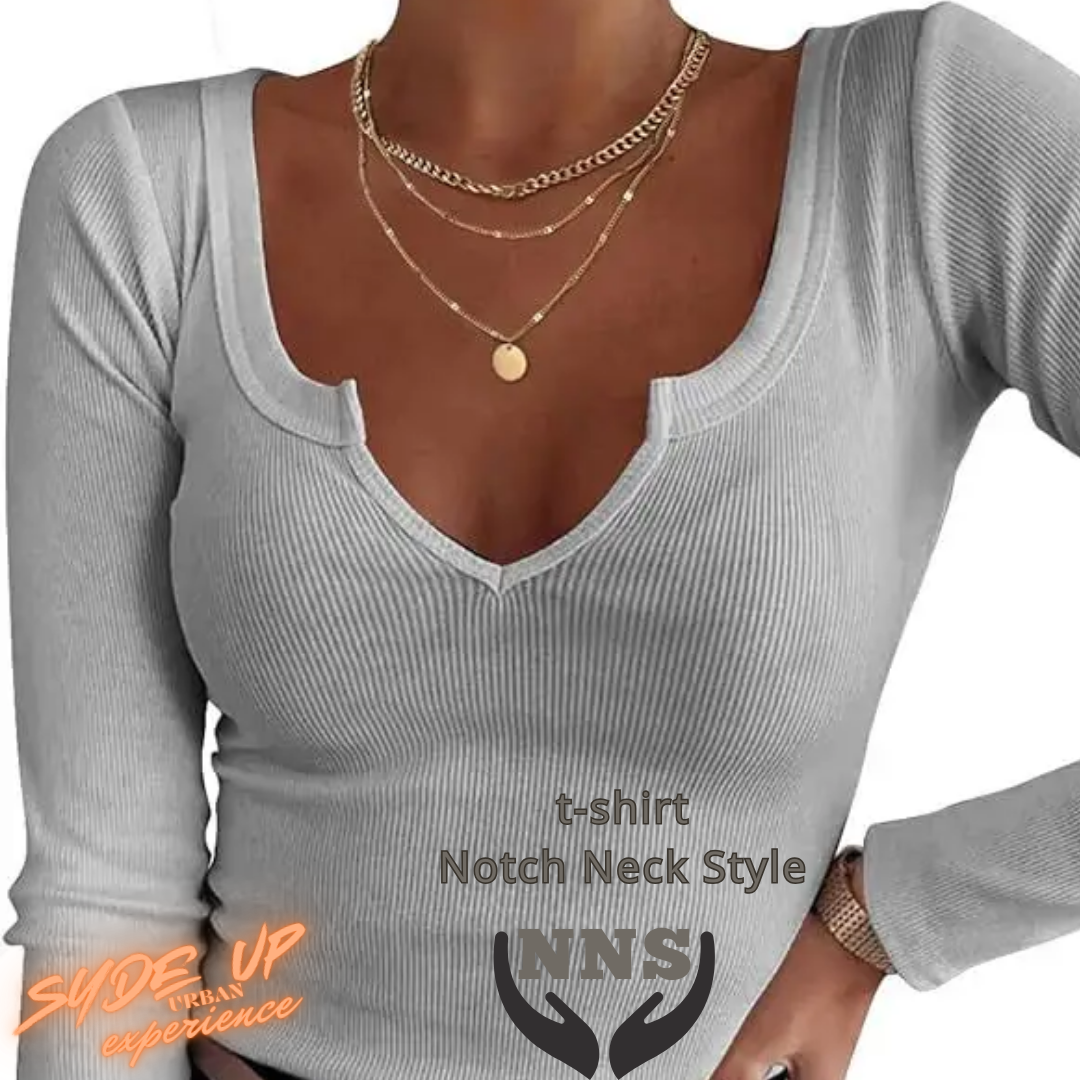 T-shirt Donna "NNS" in stile Notch Neck manica lunga