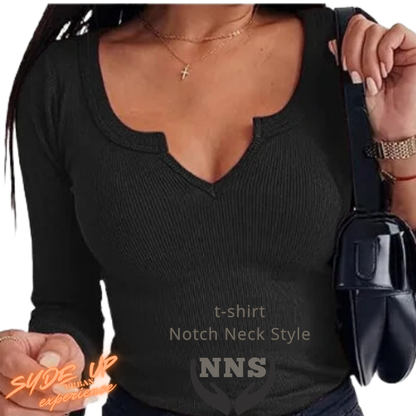 T-shirt Donna "NNS" in stile Notch Neck manica lunga