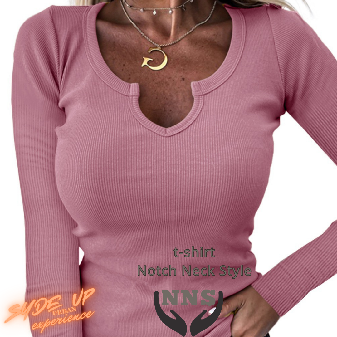 T-shirt Donna "NNS" in stile Notch Neck manica lunga