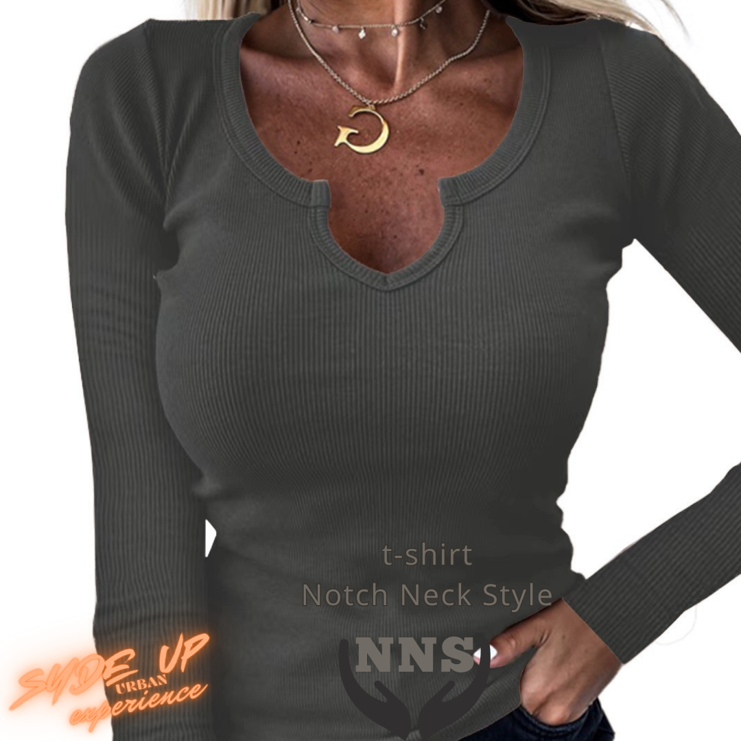 T-shirt Donna "NNS" in stile Notch Neck manica lunga