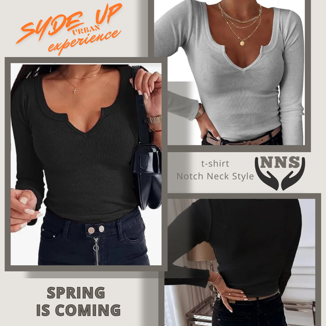 T-shirt Donna "NNS" in stile Notch Neck manica lunga