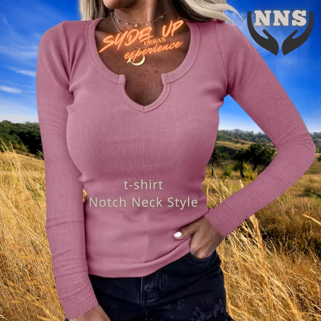 T-shirt Donna "NNS" in stile Notch Neck manica lunga