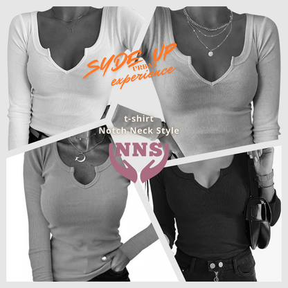 T-shirt Donna "NNS" in stile Notch Neck manica lunga