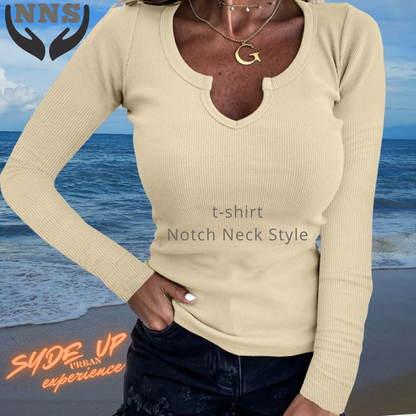 T-shirt Donna "NNS" in stile Notch Neck manica lunga